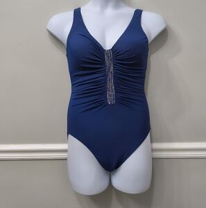 Miraclesuit Jewel Box Wireless Ruched One-Piece Swimsuit Blue Size 12 Vacation